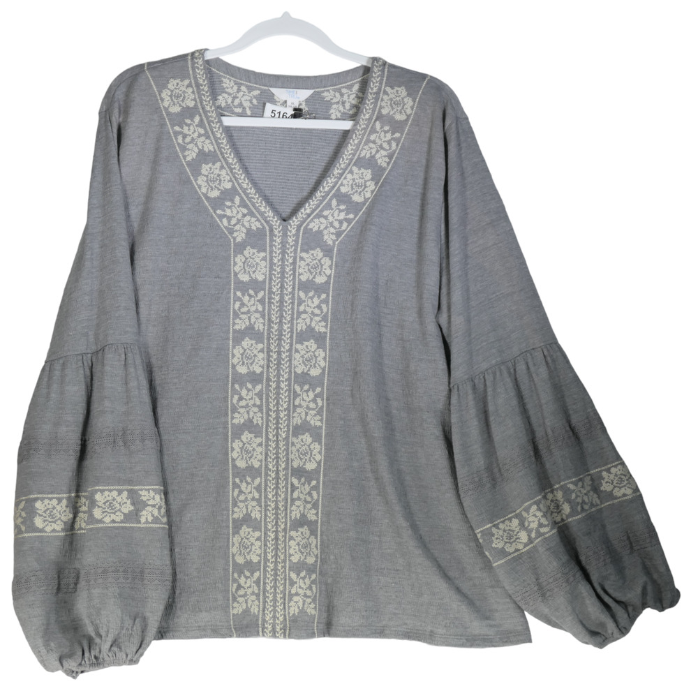 Time and Tru Embroidered Knit Top Womens XL Heathered Gray Boho Hippie Peasant